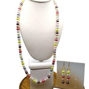 Vintage Glass Pearls Parure, Lustrous Multicolored Beads, Dangle Earrings